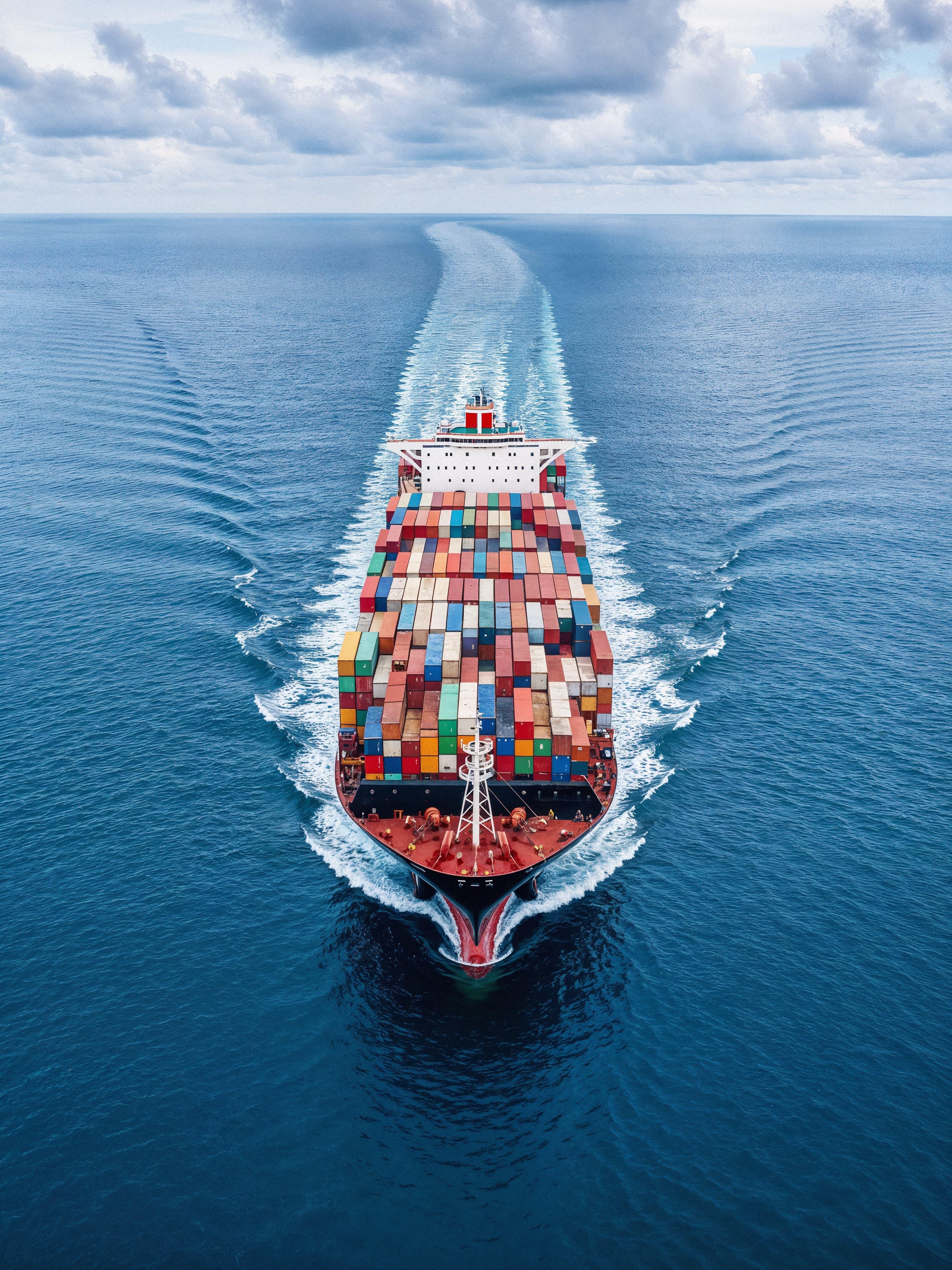 Aerial view of a fully loaded container ship at sea