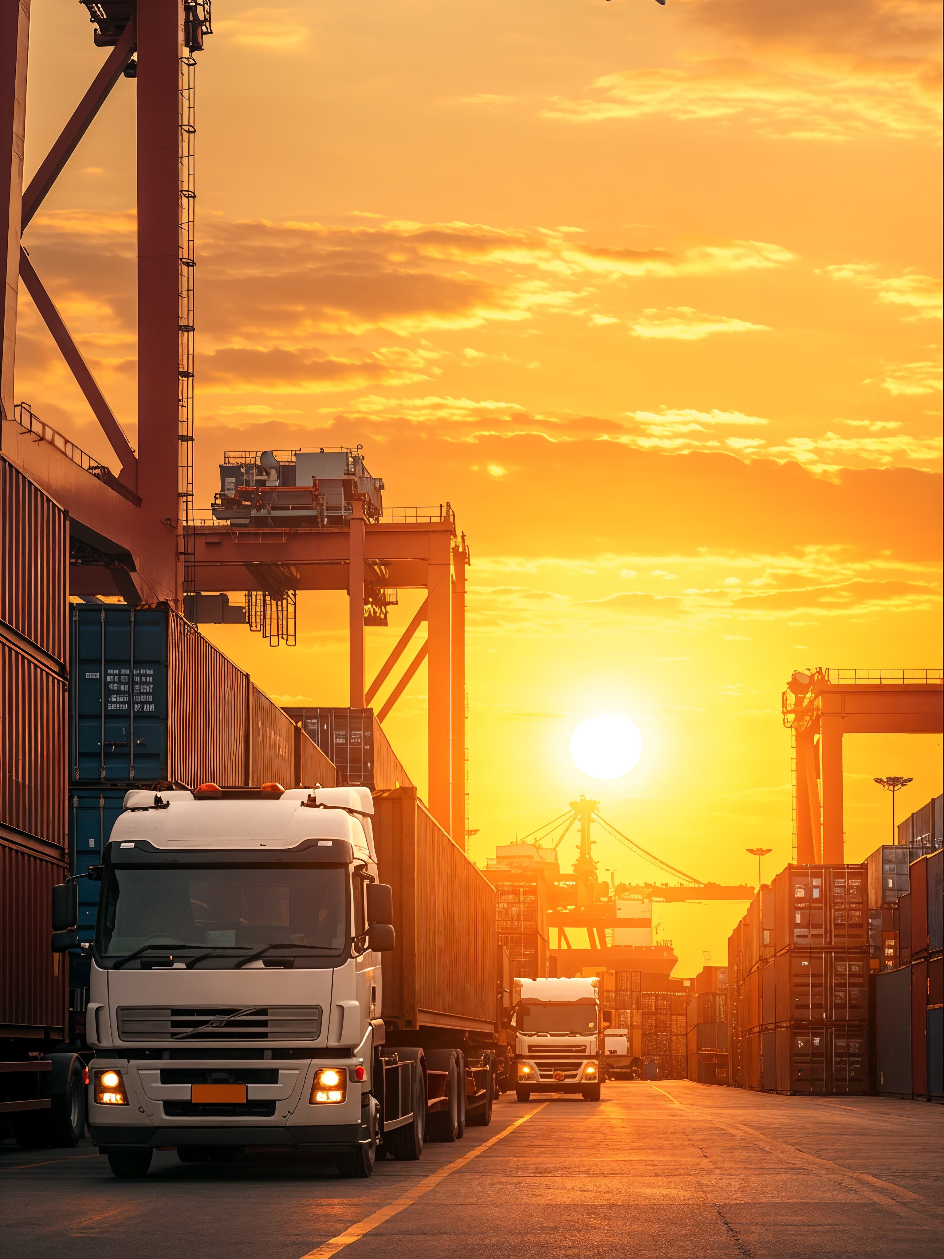 Freight aircraft departing over a container terminal at sunset